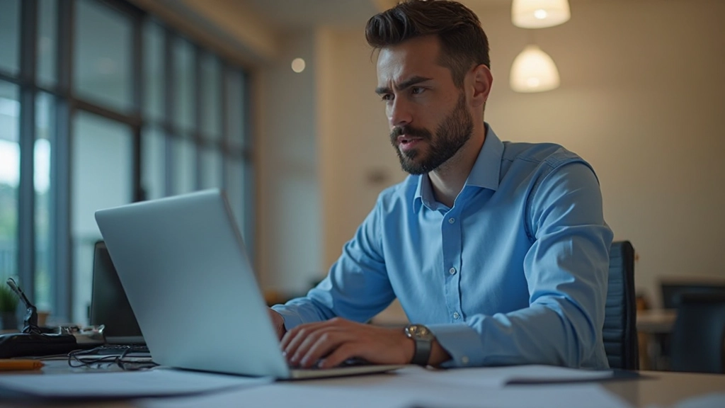 Профессиональный снимок человека, анализирующего финансовые данные на ноутбуке в современном офисе