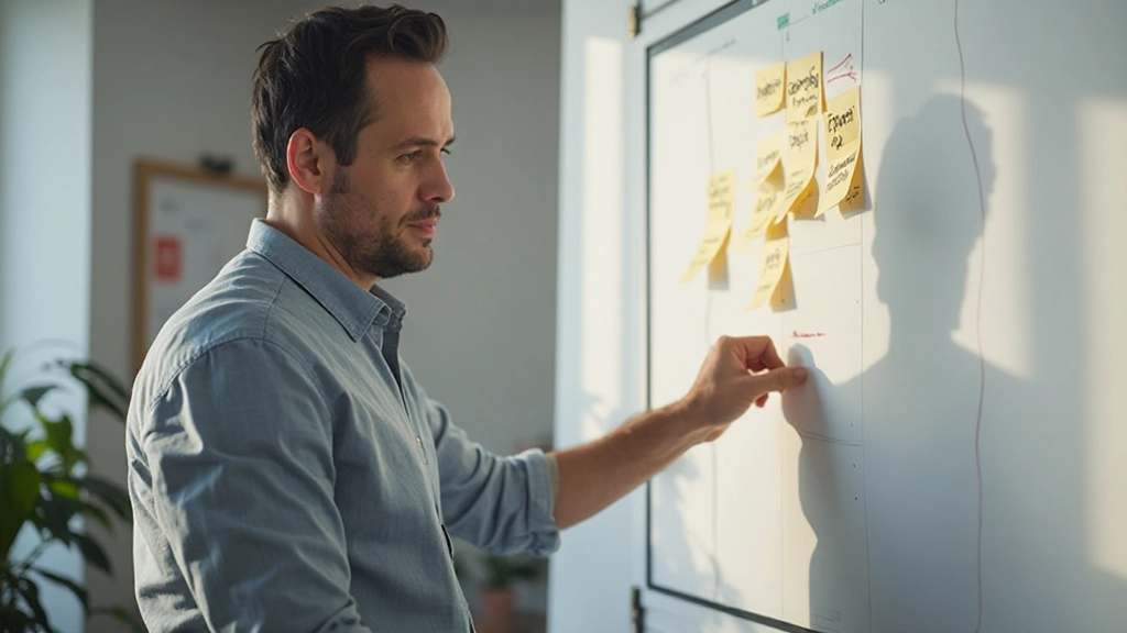 Человек размещает заметки с целями на доске планирования