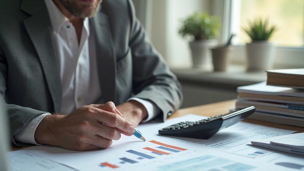 Профессиональное фото человека, работающего над пенсионным планом с использованием калькулятора и финансовых таблиц