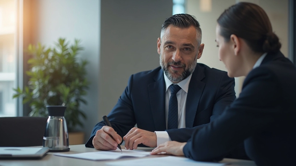 Консультант и клиент обсуждают личный бюджет за столом в офисе