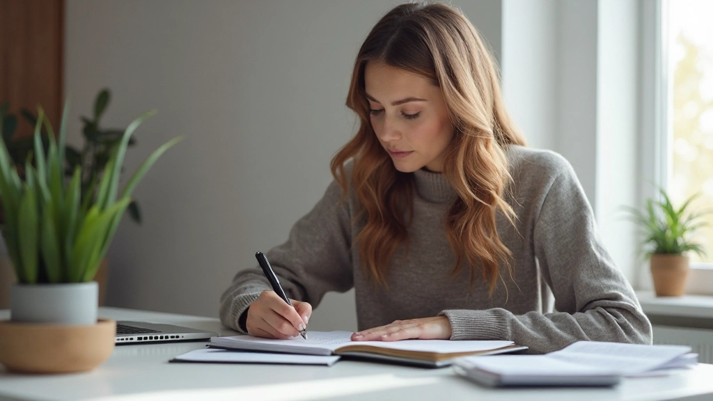 Женщина ведет записи в финансовом дневнике, составляя план расходов на столе с графиками
