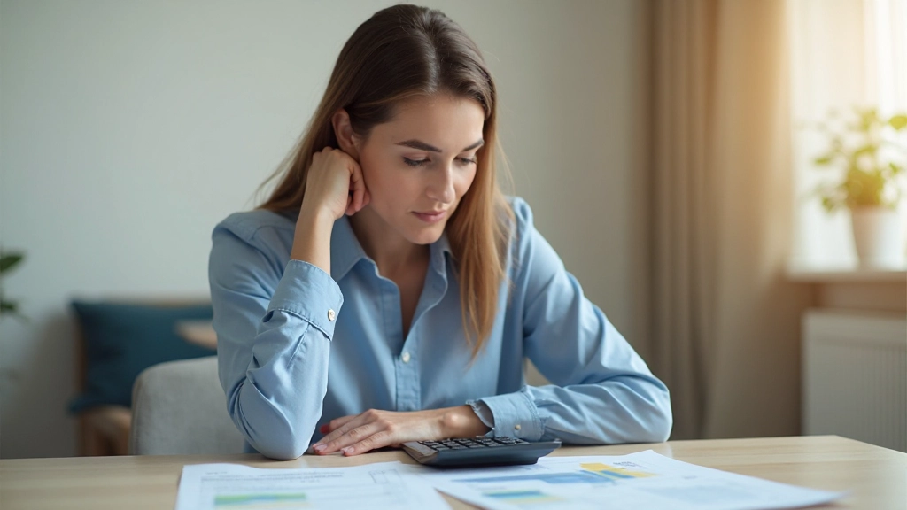 Молодая профессиональная женщина планирует бюджет с использованием калькулятора и финансовых документов на столе