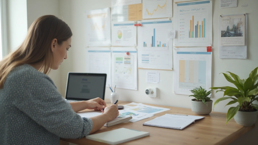 Организованное рабочее место с финансовыми документами и планом на стене